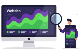 A képen egy számítógép és egy okostelefon látható, amelyek grafikonokat mutatnak a weboldal látogatottságának elemzéséről, kiemelve a görgetési mélységet.