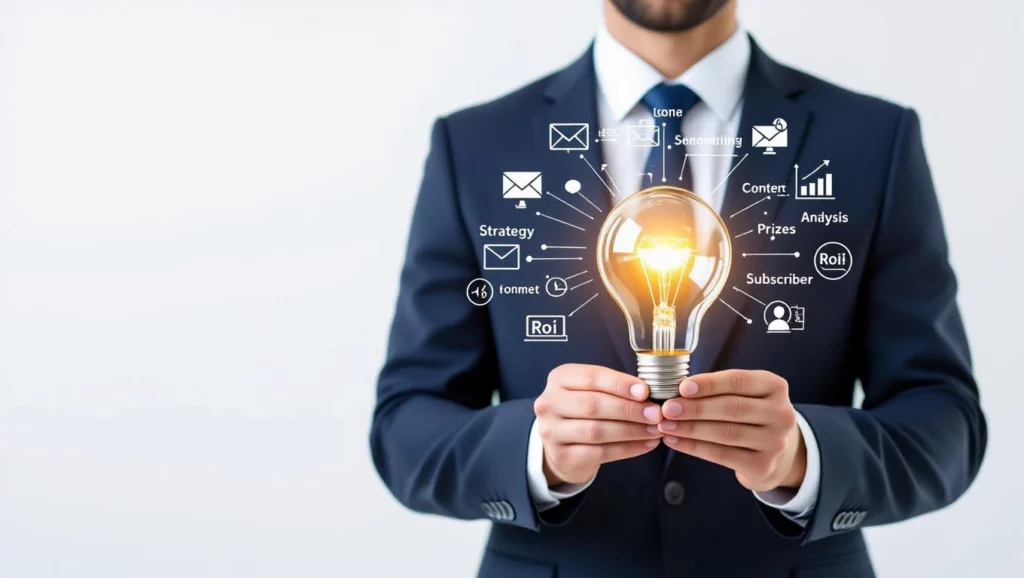 Egy üzletember, aki egy izzóval a kezében áll, körülötte e-mail marketing és SEO kapcsolódó ikonok láthatók, mint például stratégia, tartalom és elemzés.