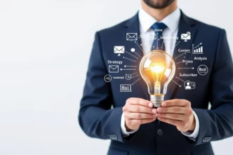 Egy üzletember, aki egy izzóval a kezében áll, körülötte e-mail marketing és SEO kapcsolódó ikonok láthatók, mint például stratégia, tartalom és elemzés.
