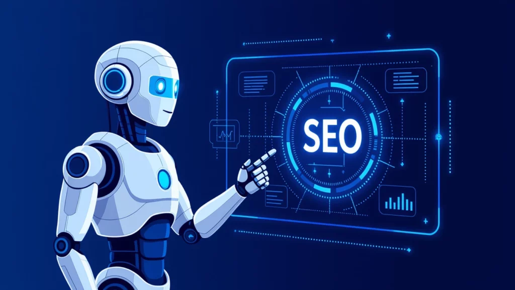 Egy futurisztikus robot mutat egy SEO feliratra, amely a keresőoptimalizálás fontosságát hangsúlyozza az AI technológia segítségével.