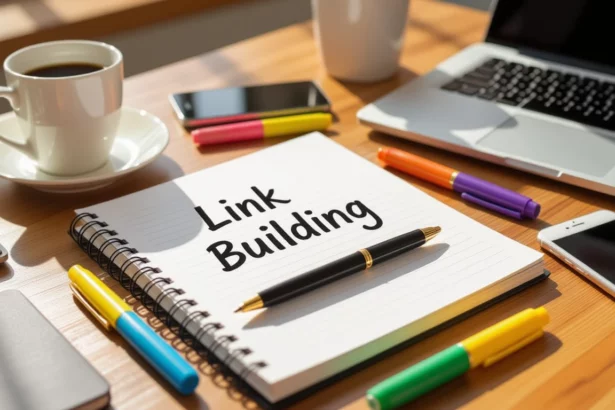Egy asztalon fekvő jegyzetfüzet, amelyen a 'Link Building' felirat olvasható, körülötte kávé, telefon és színes filctollak találhatók.