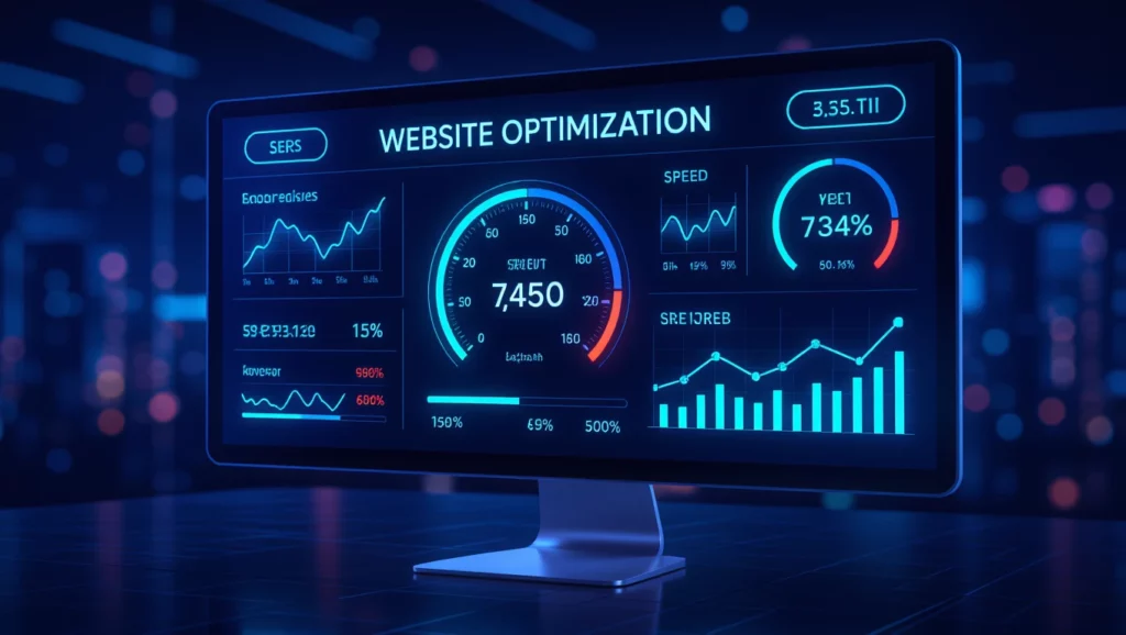 Egy számítógép képernyője, amely a weboldal optimalizálásának statisztikáit mutatja, grafikonokkal és mutatókkal.