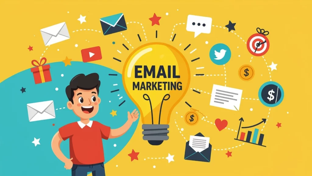Egy fiatal fiú áll egy sárga háttér előtt, mellette az email marketinget szimbolizáló ikonok és egy nagy izzó, amely a kreatív ötleteket jelképezi.