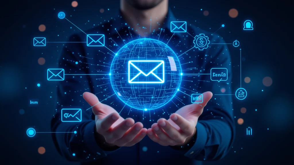 A kép egy férfi kezében lebegő, digitális globális hírlevél szimbólumot ábrázol, amely a modern kommunikációt és a hírlevelek szerepét jelképezi.