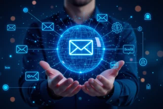 A kép egy férfi kezében lebegő, digitális globális hírlevél szimbólumot ábrázol, amely a modern kommunikációt és a hírlevelek szerepét jelképezi.