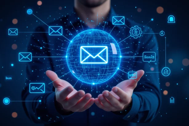 A kép egy férfi kezében lebegő, digitális globális hírlevél szimbólumot ábrázol, amely a modern kommunikációt és a hírlevelek szerepét jelképezi.