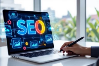 Egy laptop képernyőjén a SEO kifejezés látható, grafikus elemekkel körülvéve, amelyek a keresőoptimalizálás folyamatát szimbolizálják.