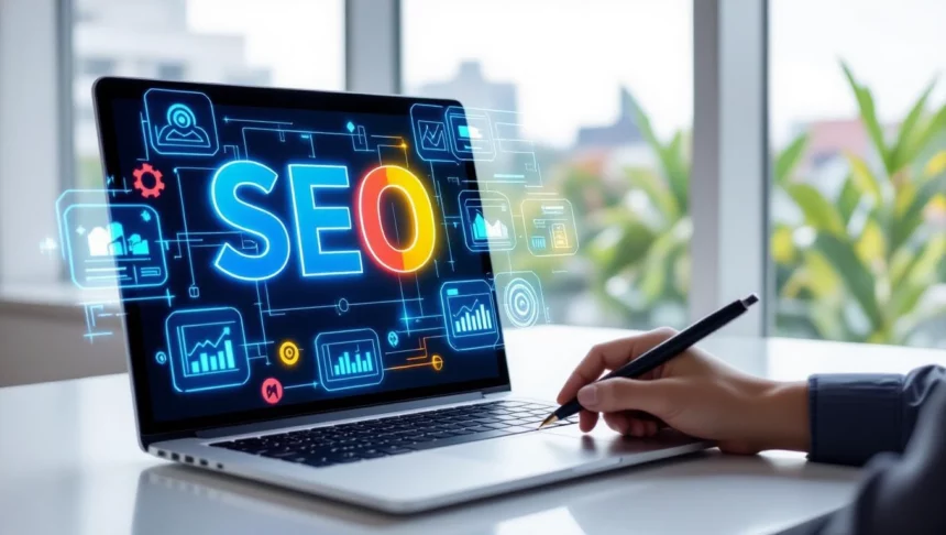 Egy laptop képernyőjén a SEO kifejezés látható, grafikus elemekkel körülvéve, amelyek a keresőoptimalizálás folyamatát szimbolizálják.