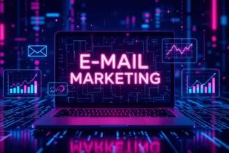 Egy laptop képernyőjén az 'E-MAIL MARKETING' felirat látható, háttérben digitális grafikonok és ikonok, amelyek a keresőoptimalizálás és marketing kapcsolatát szimbolizálják.