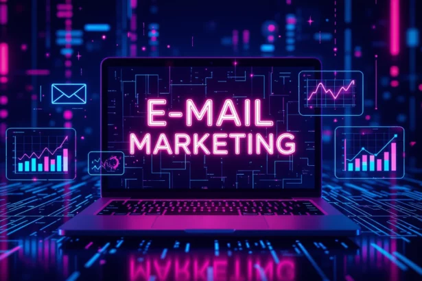 Egy laptop képernyőjén az 'E-MAIL MARKETING' felirat látható, háttérben digitális grafikonok és ikonok, amelyek a keresőoptimalizálás és marketing kapcsolatát szimbolizálják.