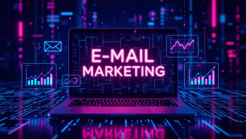 Egy laptop képernyőjén az 'E-MAIL MARKETING' felirat látható, háttérben digitális grafikonok és ikonok, amelyek a keresőoptimalizálás és marketing kapcsolatát szimbolizálják.