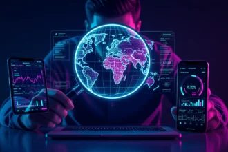 A képen egy férfi látható, aki laptopján és telefonján hőtérképeket és analitikai adatokat vizsgál. A háttér futurisztikus, színes grafikonokkal.