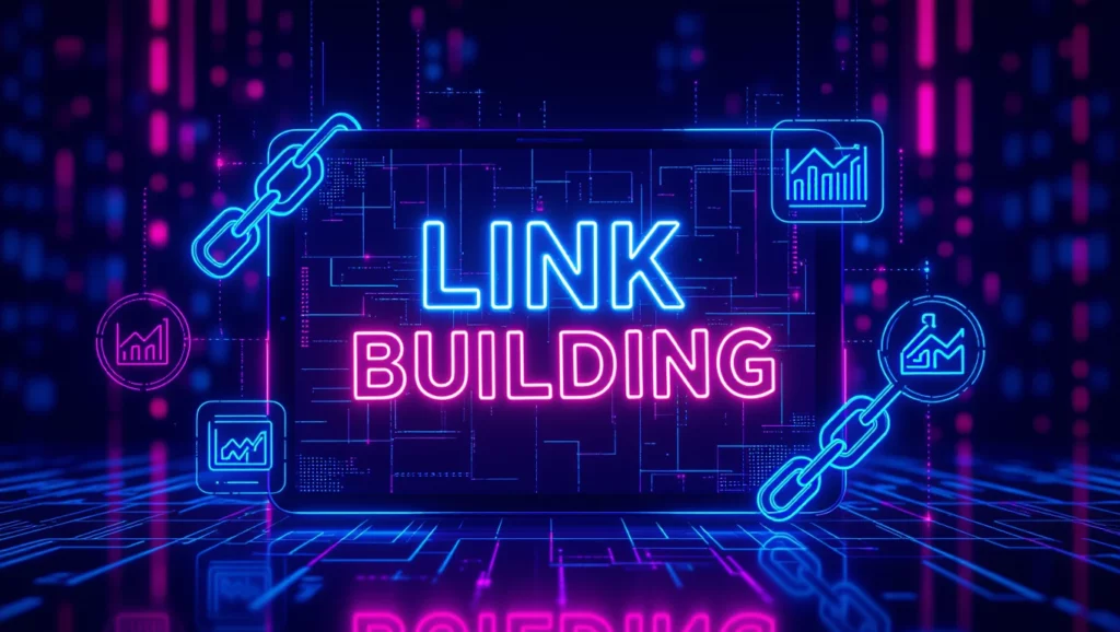 A képen neonfényben világító 'LINK BUILDING' felirat látható, amely a belső linkelés fontosságára utal a keresőoptimalizálás során.