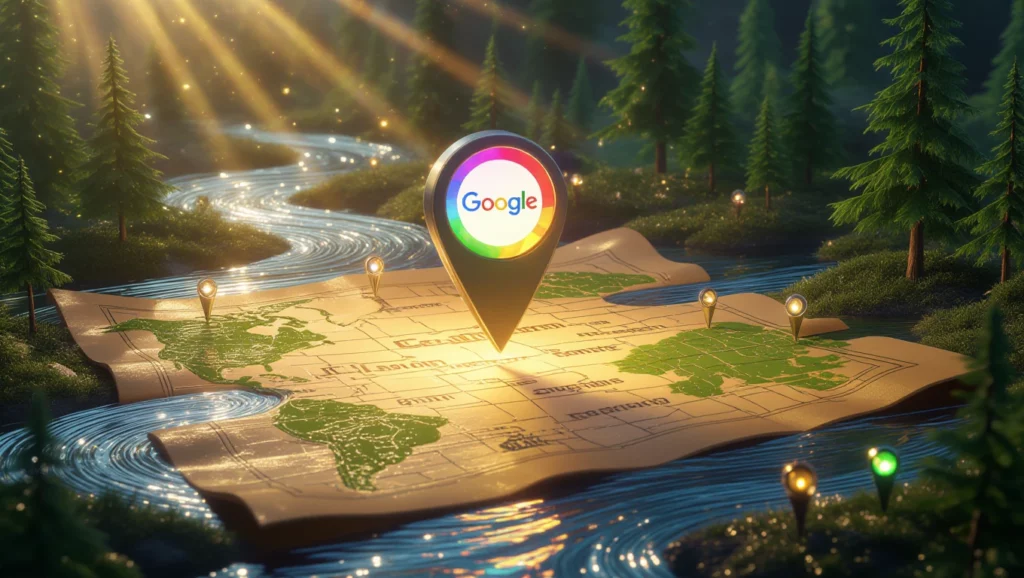 Egy térkép, amelyen Google helymeghatározó ikonok láthatók, zöld fák és vízfolyás mellett.