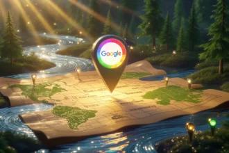 Egy térkép, amelyen Google helymeghatározó ikonok láthatók, zöld fák és vízfolyás mellett.