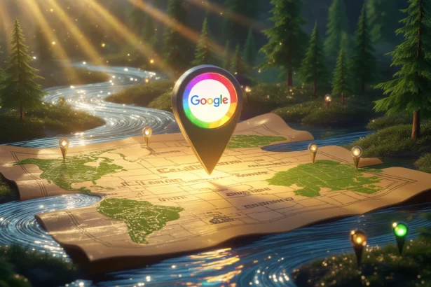 Egy térkép, amelyen Google helymeghatározó ikonok láthatók, zöld fák és vízfolyás mellett.