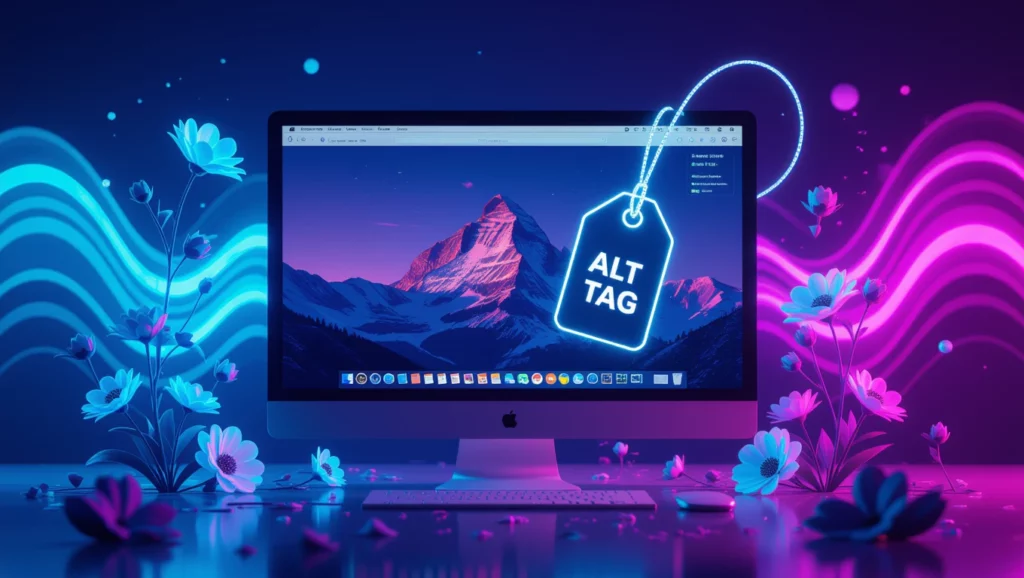 Egy számítógép képernyőjén egy hegyvidéki táj látható, mellette virágokkal és egy világító alt címkével.