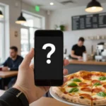 Egy kézben tartott okostelefon, amelyen kérdőjel látható, miközben egy pizzát tartó tányér van a közelben. A háttérben egy pizzéria belső tere látható.