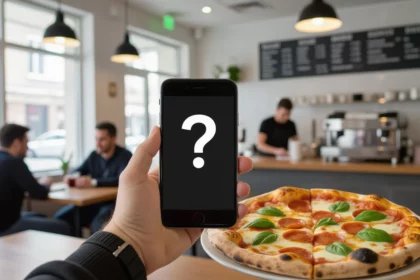 Egy kézben tartott okostelefon, amelyen kérdőjel látható, miközben egy pizzát tartó tányér van a közelben. A háttérben egy pizzéria belső tere látható.