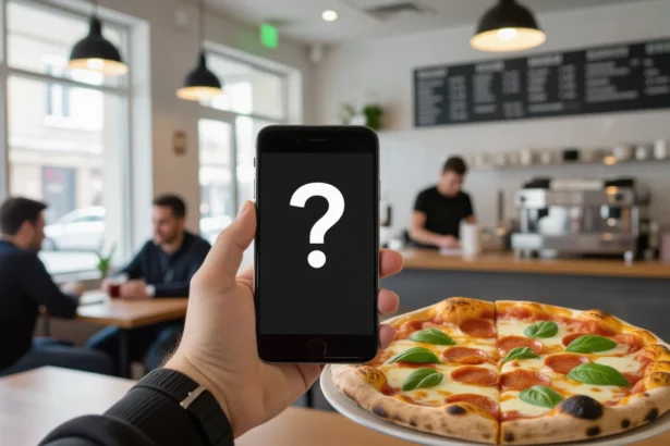 Egy kézben tartott okostelefon, amelyen kérdőjel látható, miközben egy pizzát tartó tányér van a közelben. A háttérben egy pizzéria belső tere látható.