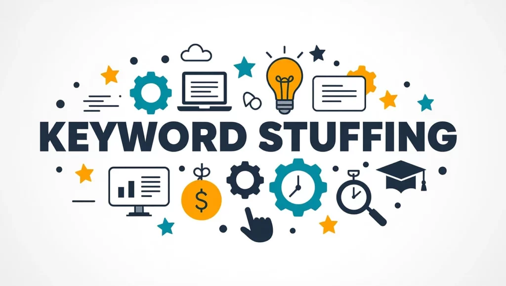 A képen a 'keyword stuffing' kifejezés látható, különböző grafikai elemekkel, mint fogaskerekek, számítógépek és ikonok, amelyek a SEO és keresőoptimalizálás témáját tükrözik.