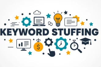 A képen a 'keyword stuffing' kifejezés látható, különböző grafikai elemekkel, mint fogaskerekek, számítógépek és ikonok, amelyek a SEO és keresőoptimalizálás témáját tükrözik.