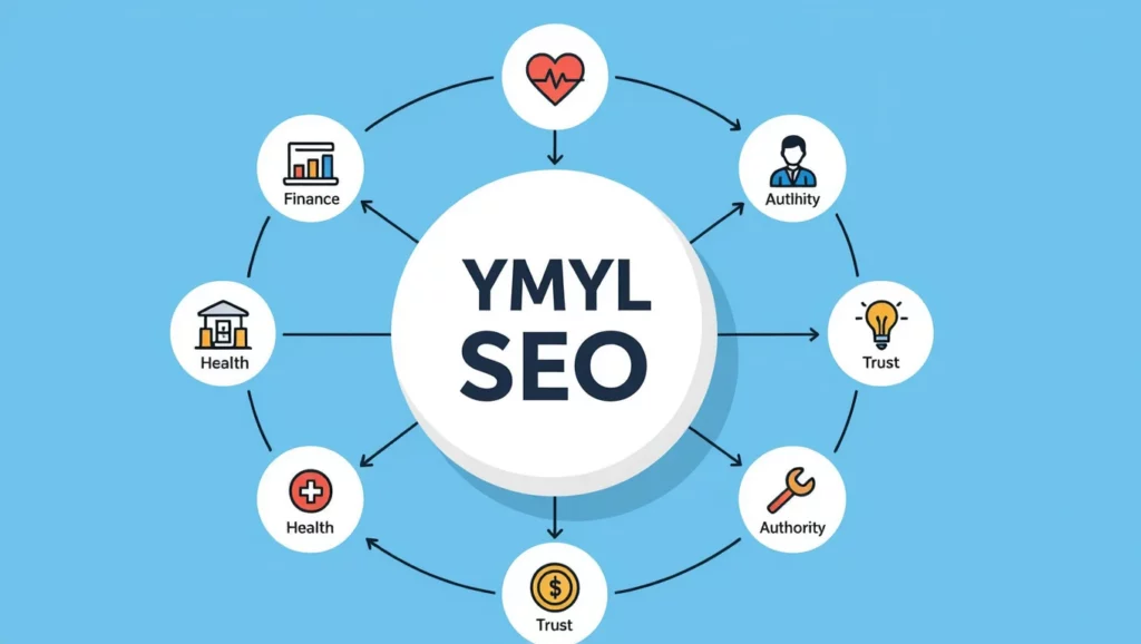 YMYL SEO fogalmak diagramja, amely a pénzügyi és egészségügyi információk megbízhatóságát hangsúlyozza.