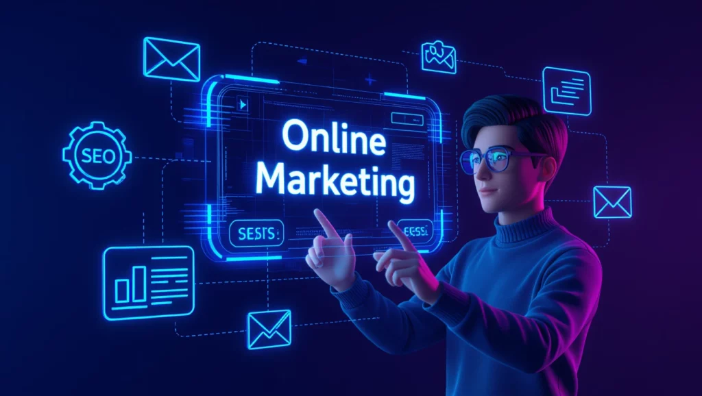 Egy fiatal férfi, aki online marketinggel foglalkozik, digitális grafikai elemek között mutat a SEO és konverzió szavakra.