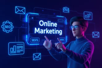 Egy fiatal férfi, aki online marketinggel foglalkozik, digitális grafikai elemek között mutat a SEO és konverzió szavakra.