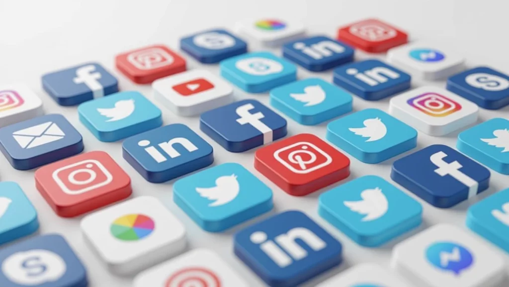 Különböző közösségi média platformok ikonjaival teli háttér, amelyek a digitális marketing és SEO kapcsolatát szimbolizálják.