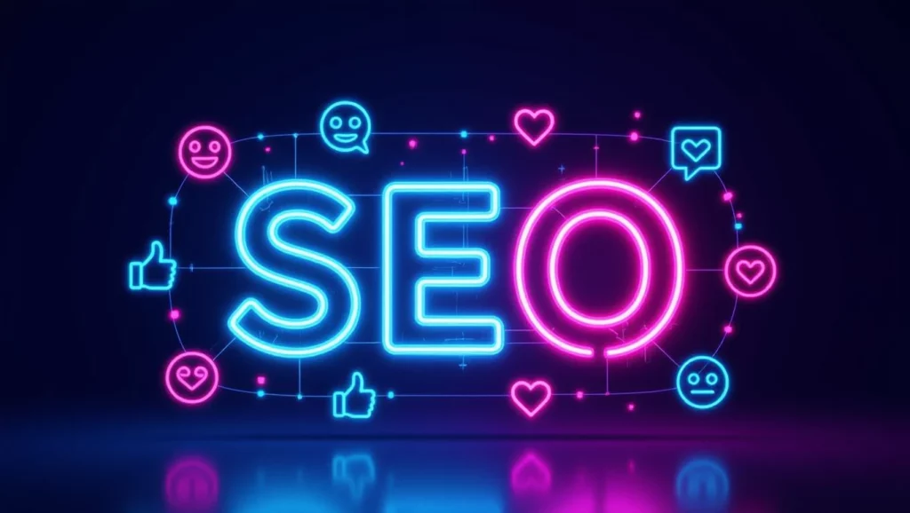 A képen a 'SEO' felirat látható neon stílusban, színes ikonokkal, amelyek a közösségi média interakcióit szimbolizálják.