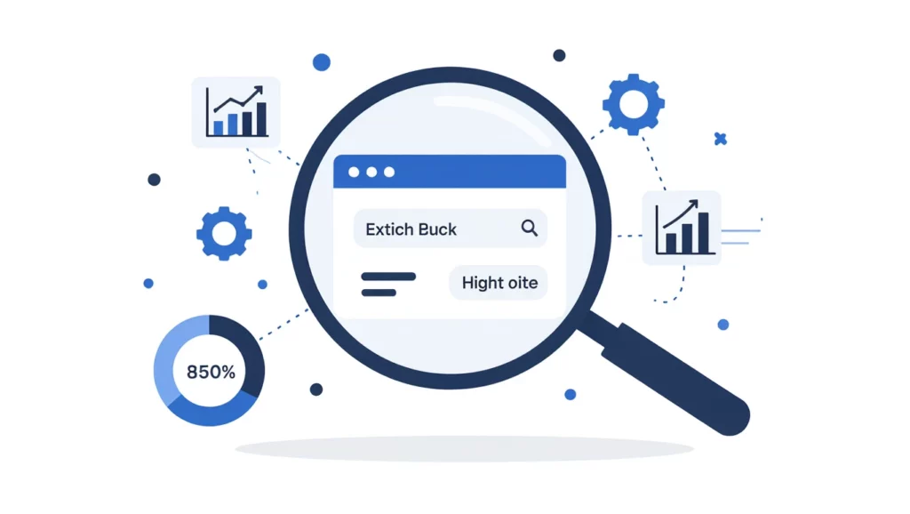 A kép egy nagyító alatt látható keresőmezőt és grafikonokat ábrázol, amelyek a kulcsszókutatás és SEO fontosságát hangsúlyozzák.