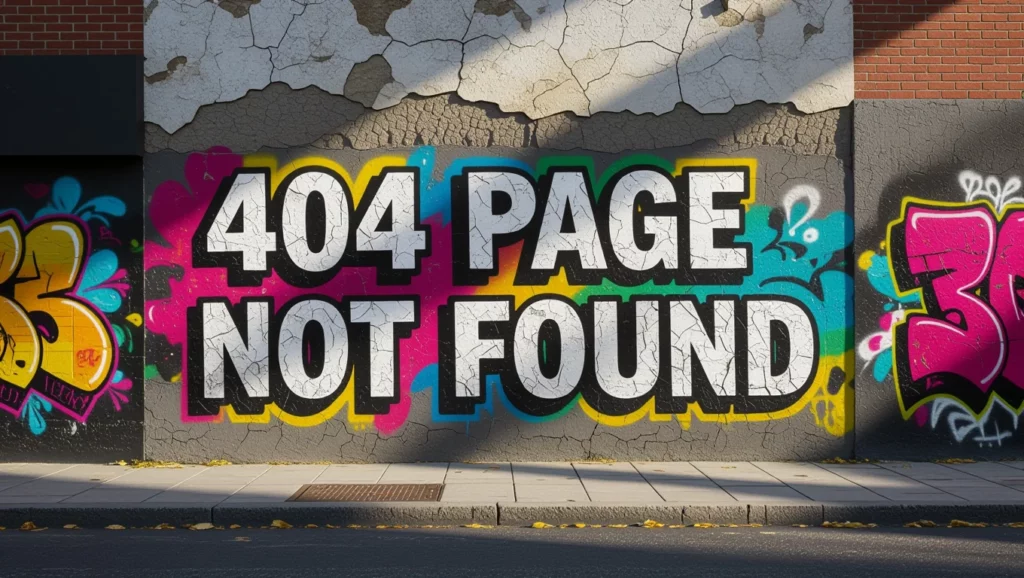 Egy graffiti, amelyen a '404 PAGE NOT FOUND' felirat látható, színes háttérrel. A kép a weboldalak lefedettségi hibáira utal.