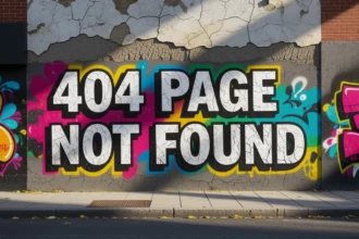 Egy graffiti, amelyen a '404 PAGE NOT FOUND' felirat látható, színes háttérrel. A kép a weboldalak lefedettségi hibáira utal.