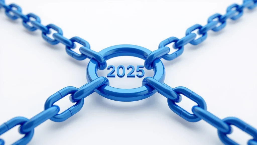 Kék láncszemekből álló grafika, középen a 2025-ös évszám látható, szimbolizálva a linképítés jövőjét és kihívásait.