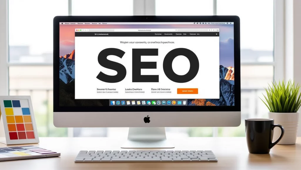 Egy asztalon elhelyezett számítógép képernyőjén a SEO kifejezés nagy betűkkel látható, háttérben színes minták és növények.