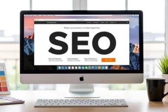 Egy asztalon elhelyezett számítógép képernyőjén a SEO kifejezés nagy betűkkel látható, háttérben színes minták és növények.