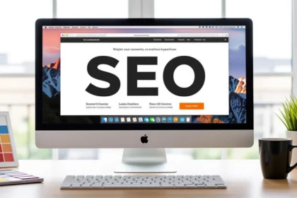 Egy asztalon elhelyezett számítógép képernyőjén a SEO kifejezés nagy betűkkel látható, háttérben színes minták és növények.