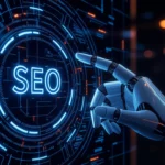Egy mesterséges intelligenciát ábrázoló robotkar, amely az SEO feliratot érinti egy digitális felületen, szimbolizálva a keresőoptimalizálás jövőjét.