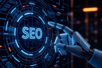 Egy mesterséges intelligenciát ábrázoló robotkar, amely az SEO feliratot érinti egy digitális felületen, szimbolizálva a keresőoptimalizálás jövőjét.