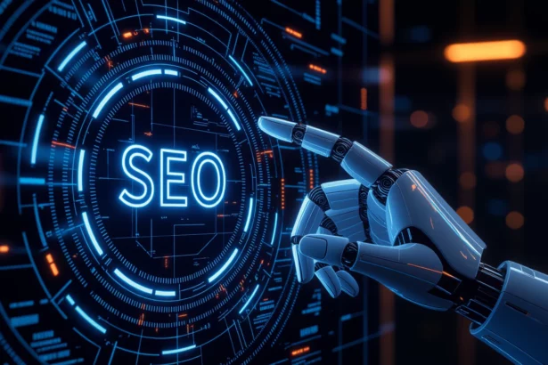 Egy mesterséges intelligenciát ábrázoló robotkar, amely az SEO feliratot érinti egy digitális felületen, szimbolizálva a keresőoptimalizálás jövőjét.