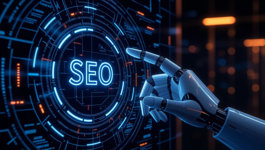 Egy mesterséges intelligenciát ábrázoló robotkar, amely az SEO feliratot érinti egy digitális felületen, szimbolizálva a keresőoptimalizálás jövőjét.