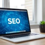 Egy laptop képernyőjén a SEO felirat látható, mellette egy zöld növény egy virágcserépben. A háttér világos és modern.