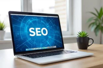 Egy laptop képernyőjén a SEO felirat látható, mellette egy zöld növény egy virágcserépben. A háttér világos és modern.