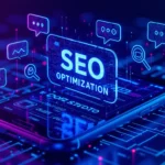 Egy okostelefon képernyőjén az SEO optimalizálás grafikai elemei láthatók, mint például üzenet ikonok és keresőszimbólumok.