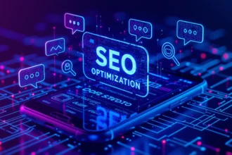 Egy okostelefon képernyőjén az SEO optimalizálás grafikai elemei láthatók, mint például üzenet ikonok és keresőszimbólumok.