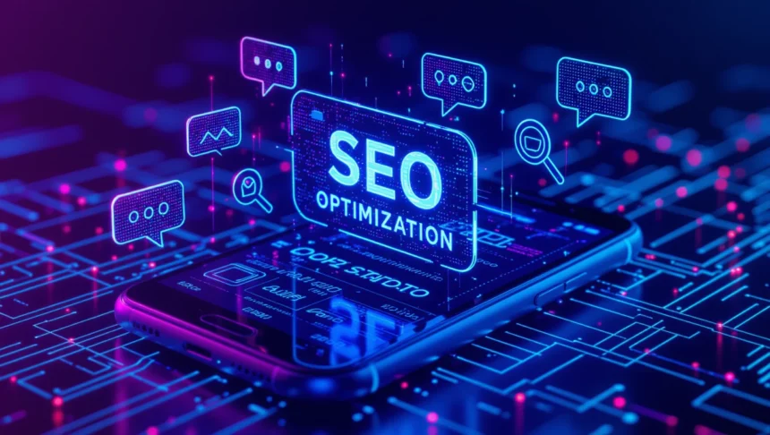 Egy okostelefon képernyőjén az SEO optimalizálás grafikai elemei láthatók, mint például üzenet ikonok és keresőszimbólumok.
