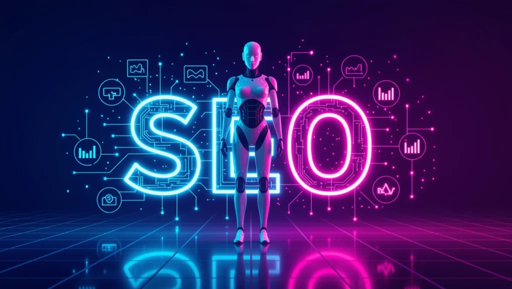 Egy futurisztikus robot áll a SEO felirat előtt, háttérben digitális ikonokkal.