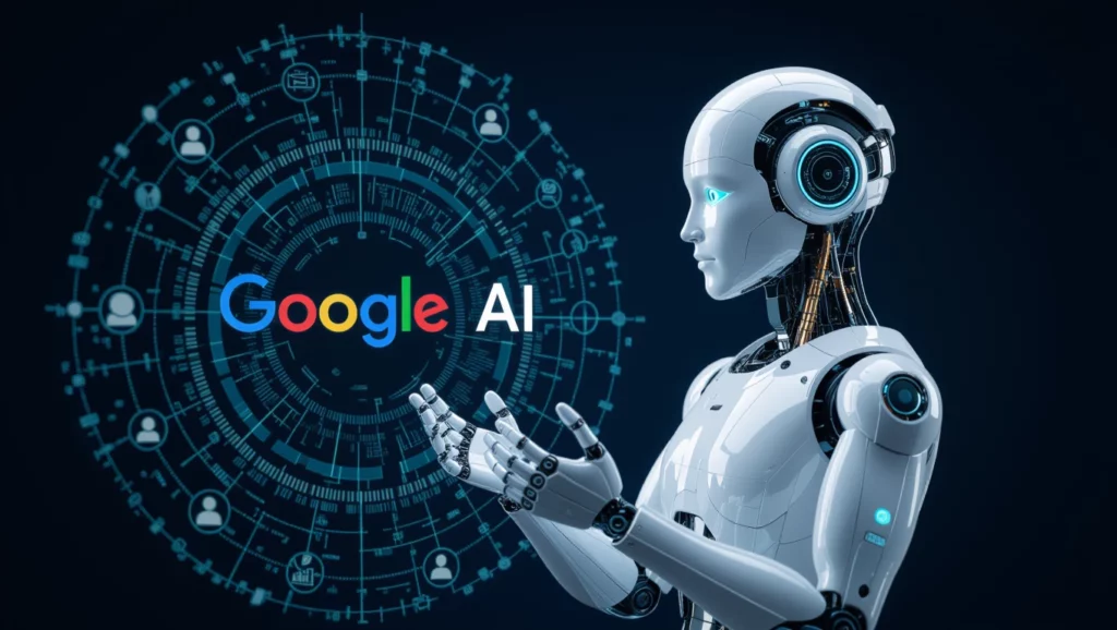 A képen egy robot látható, amely a Google AI logóját és a digitális hálózatot szemléli, utalva a keresőoptimalizálás új irányaira.