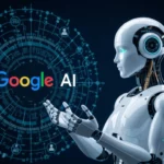 A képen egy robot látható, amely a Google AI logóját és a digitális hálózatot szemléli, utalva a keresőoptimalizálás új irányaira.